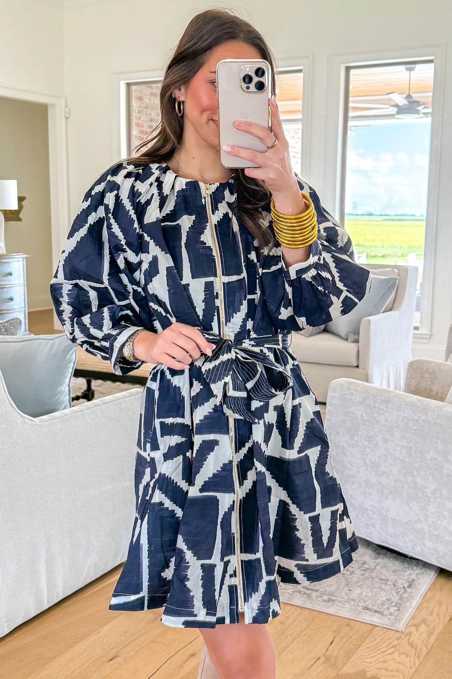 Abstract Zip Front Tie Waist Dress