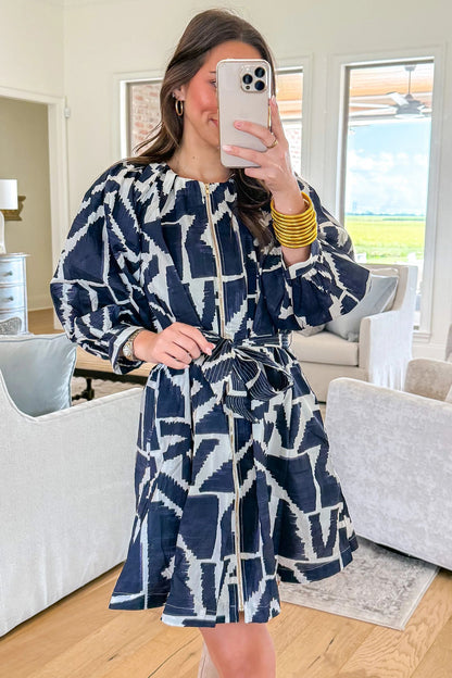 Abstract Zip Front Tie Waist Dress