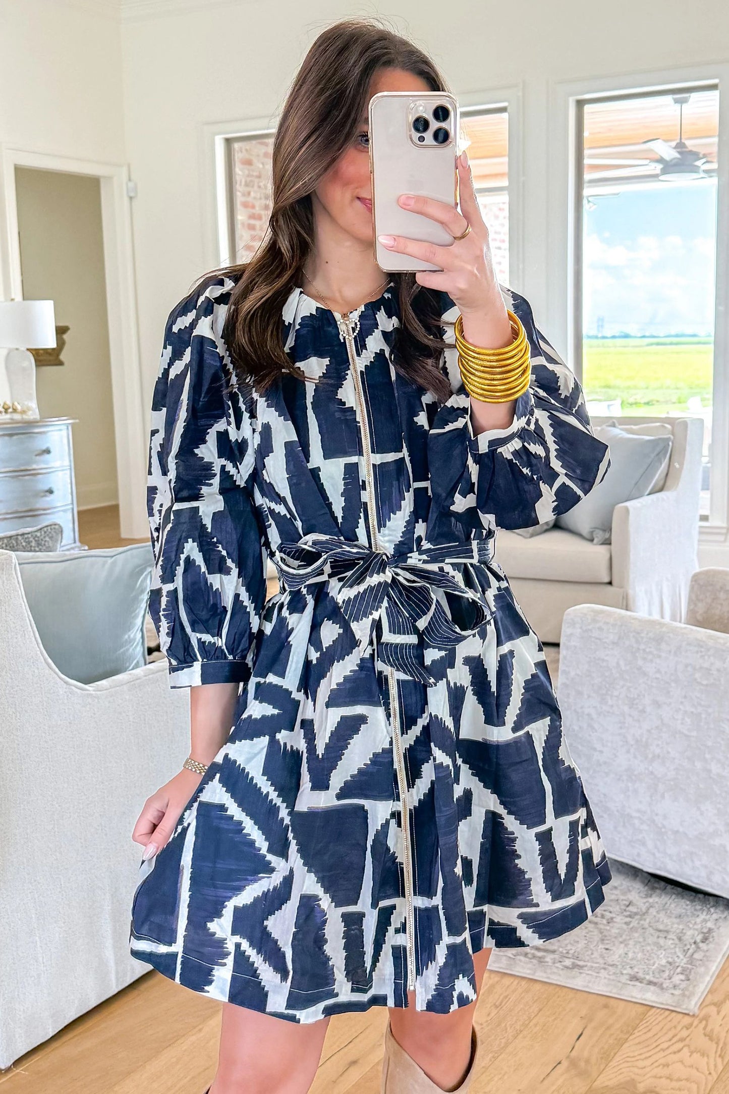 Abstract Zip Front Tie Waist Dress
