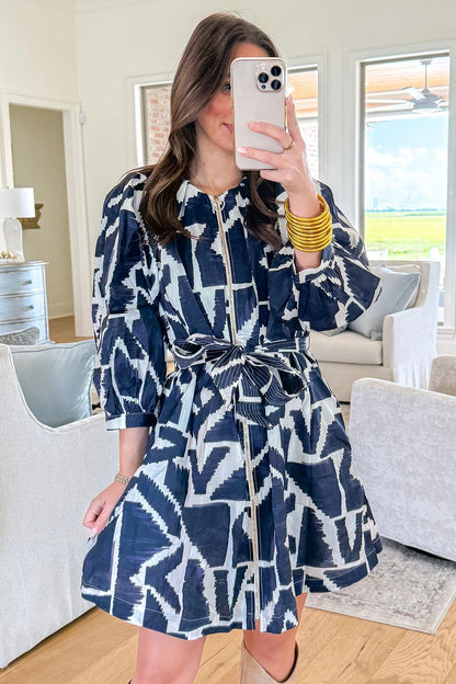 Abstract Zip Front Tie Waist Dress