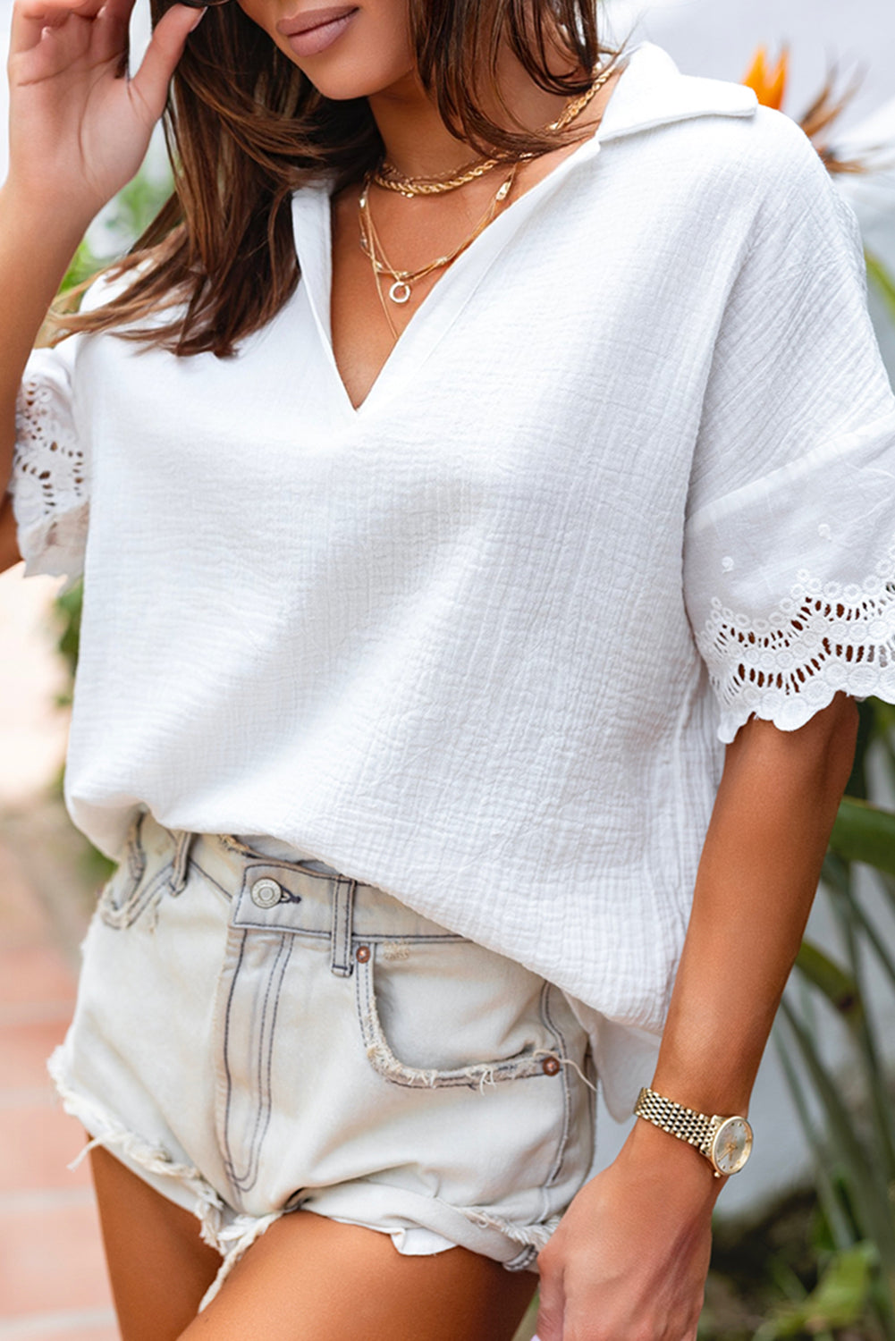 Crinkled Lace V-Neck Blouse