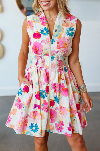 Floral Zip Front Smocked Mini Dress