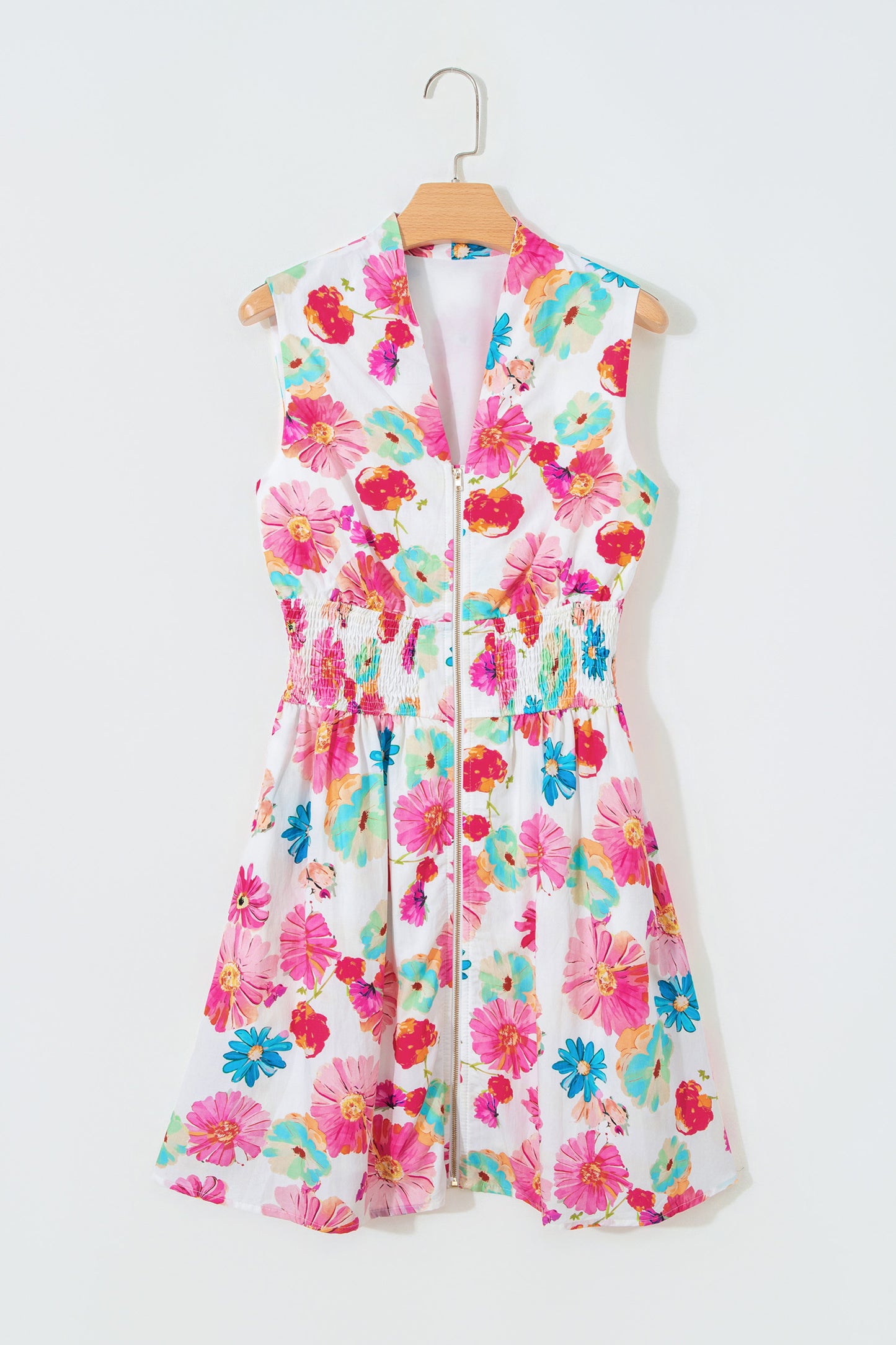 Floral Zip Front Smocked Mini Dress