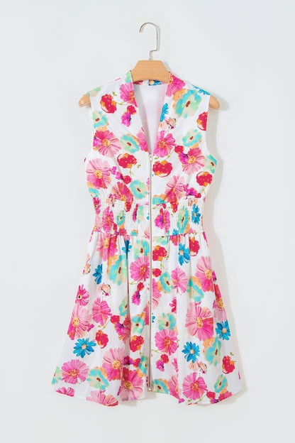 Floral Zip Front Smocked Mini Dress