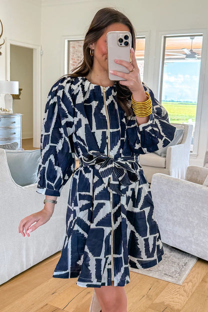 Abstract Zip Front Tie Waist Dress