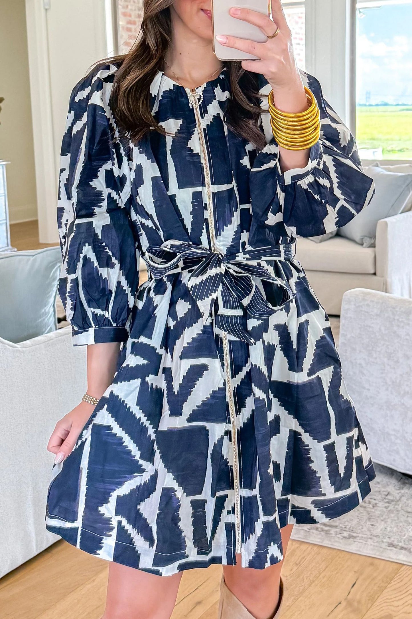 Abstract Zip Front Tie Waist Dress