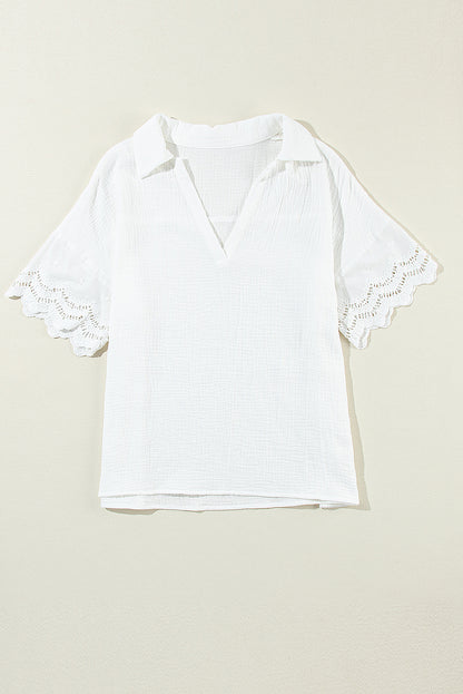 Crinkled Lace V-Neck Blouse