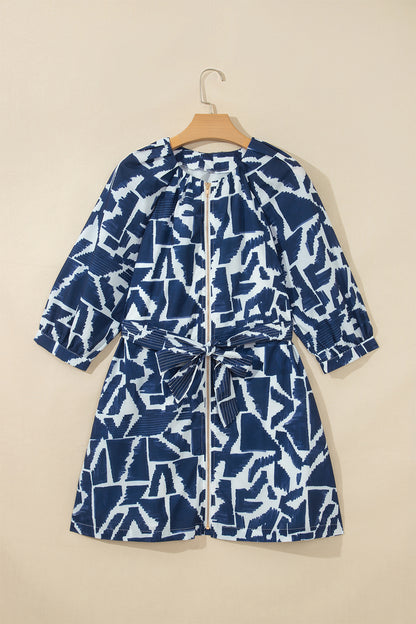 Abstract Zip Front Tie Waist Dress