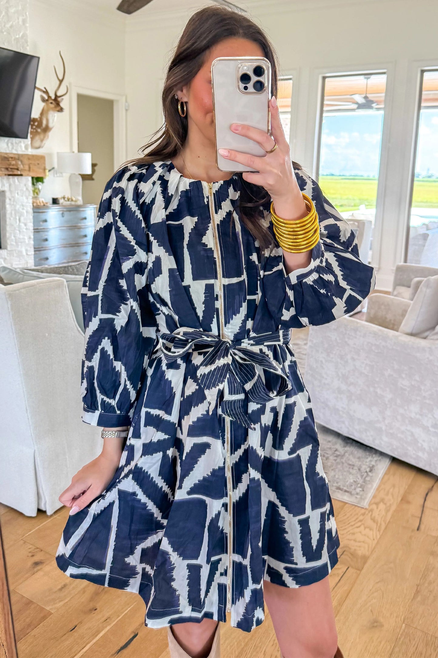 Abstract Zip Front Tie Waist Dress