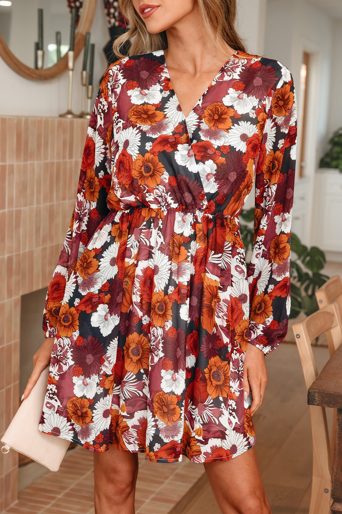 Floral Wrap Puff Sleeve Mini Dress