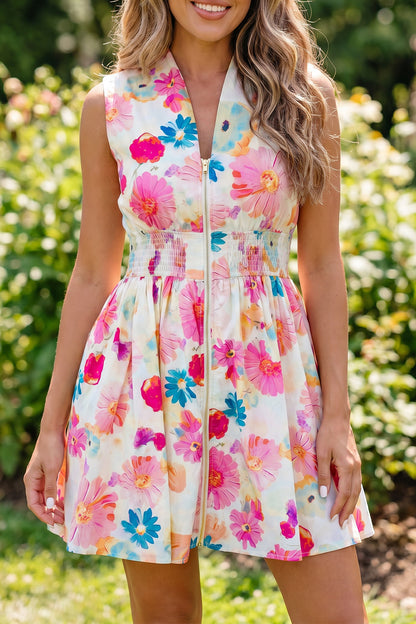 Floral Zip Front Smocked Mini Dress