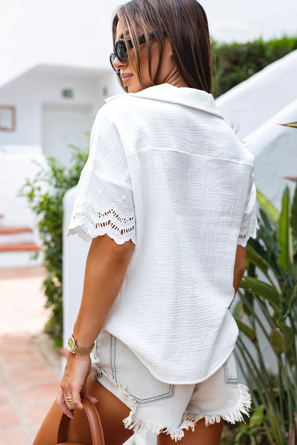 Crinkled Lace V-Neck Blouse