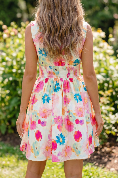 Floral Zip Front Smocked Mini Dress